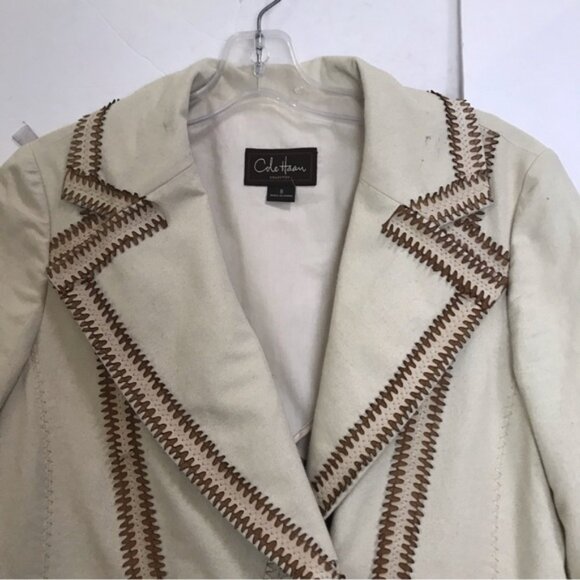 Cole Haan Cotton Lambskin Leather Detail Boho Trench Coat Jacket Fitted Pockets - Picture 5 of 16